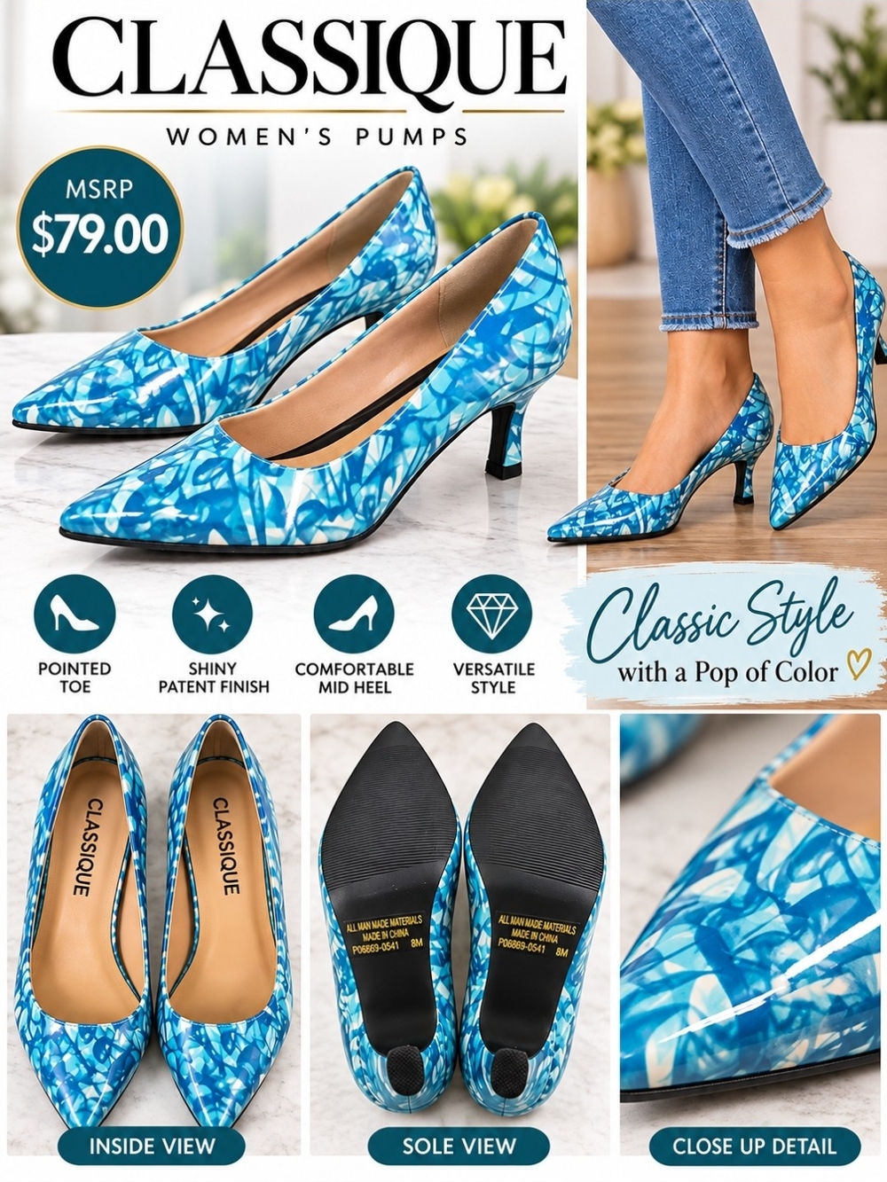 Classique Women's Blue Patterned Pointed-Toe Pumps